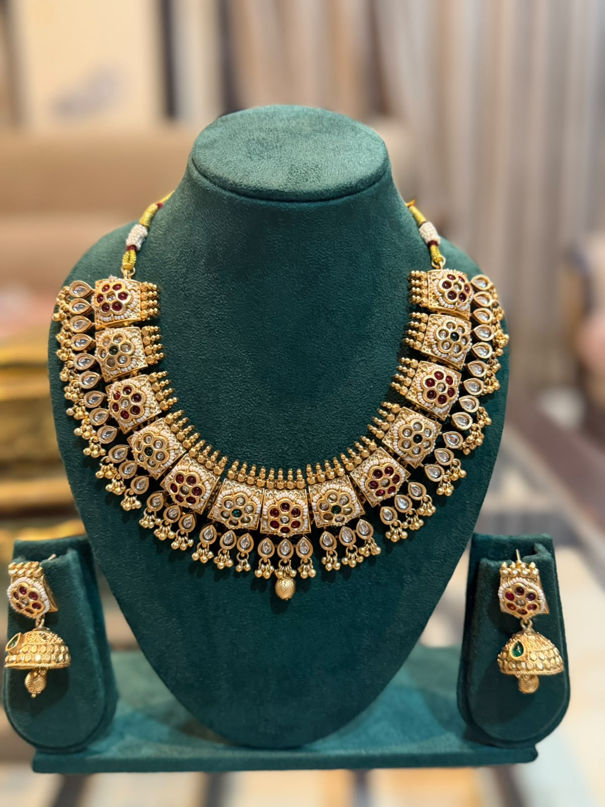 Gold Square Floral Jhumka Necklace Set