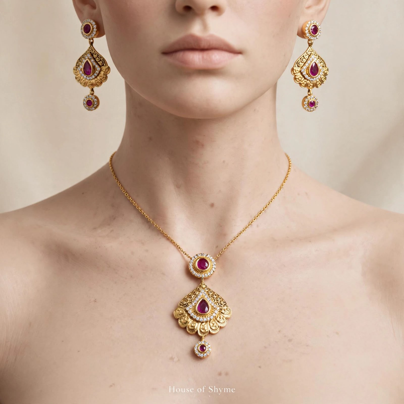Ruby Fan Pendant Necklace Set
