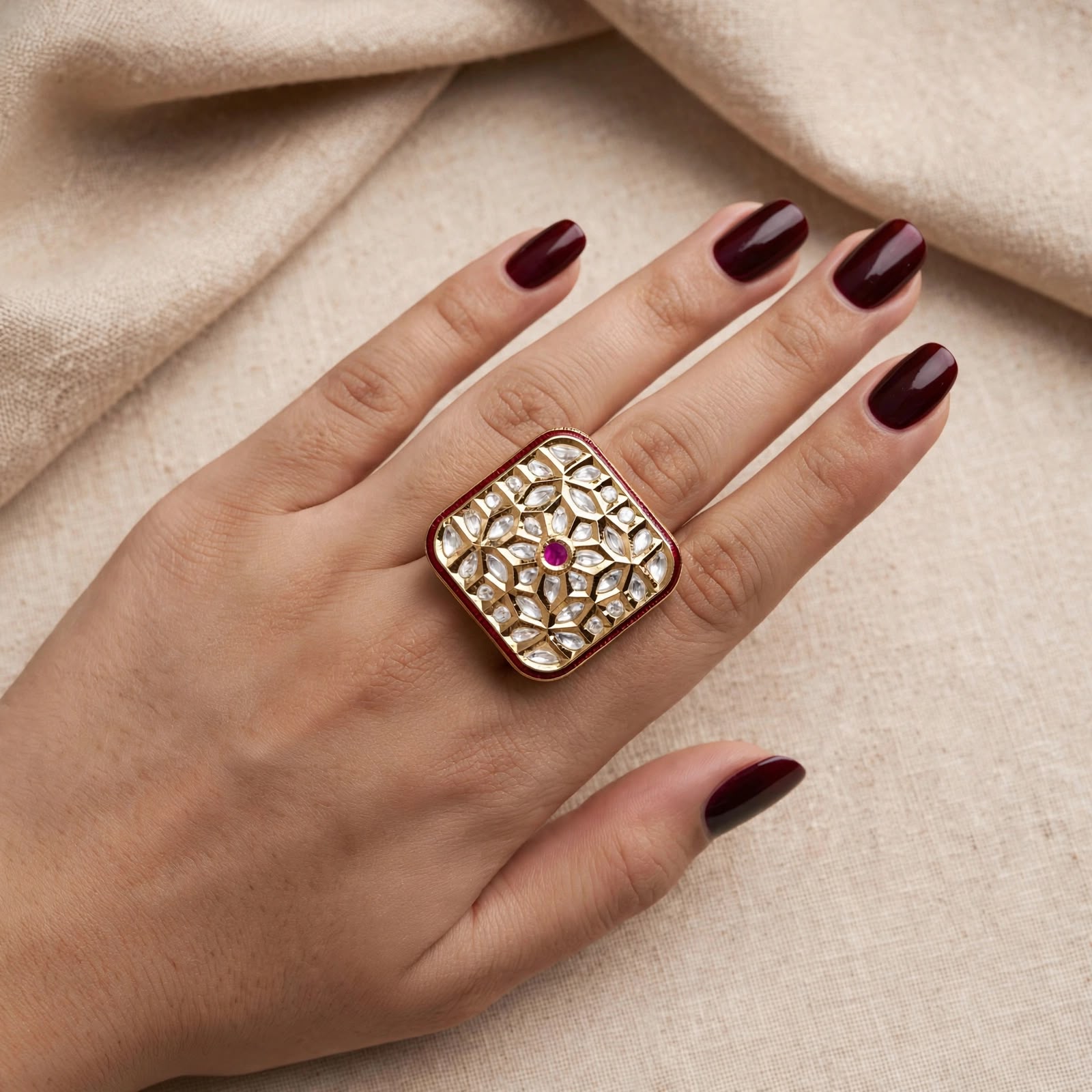 Rani Ruby Kundan Square Ring