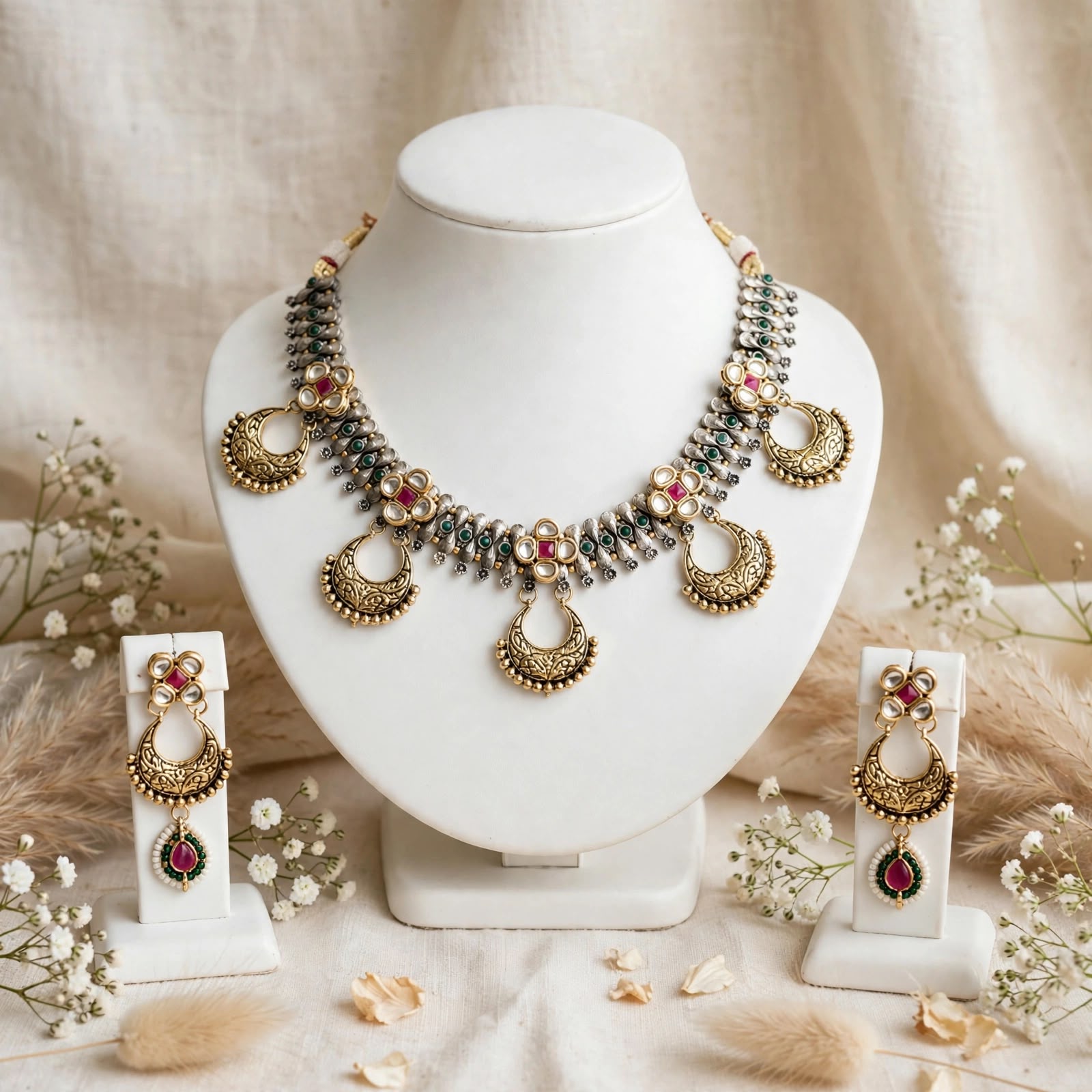 Oxidised Kundan Chandbali Necklace Set