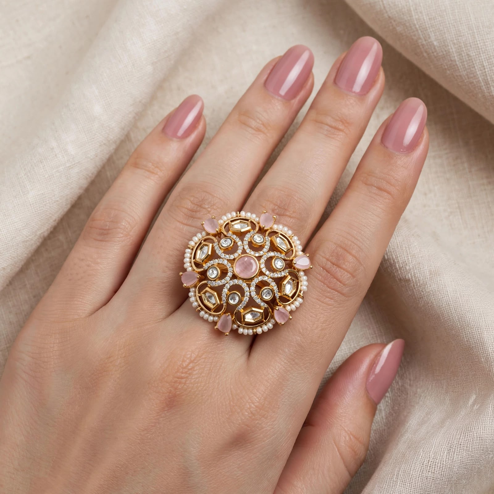 Gulnaz Pearl Halo Cocktail Ring