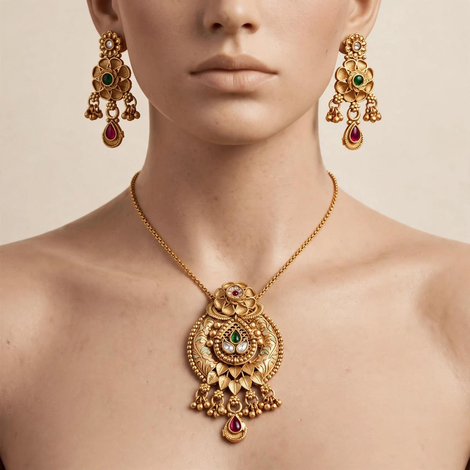 Antique Gold Lotus Medallion Pendant Set