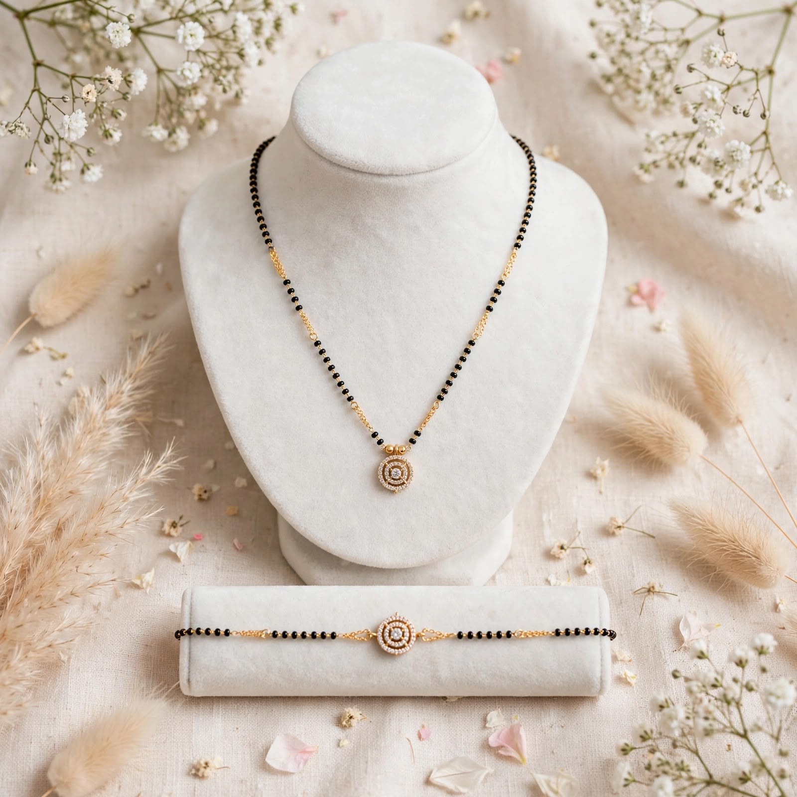 Black Bead Diamond Drop Mangalsutra & Bracelet Set