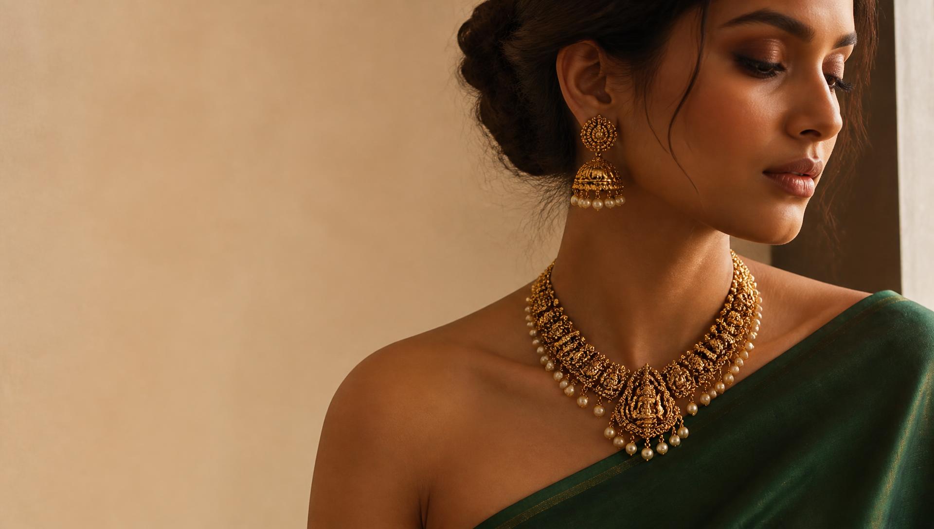 Model wearing a hand-finished gold necklace from The House of Shyme